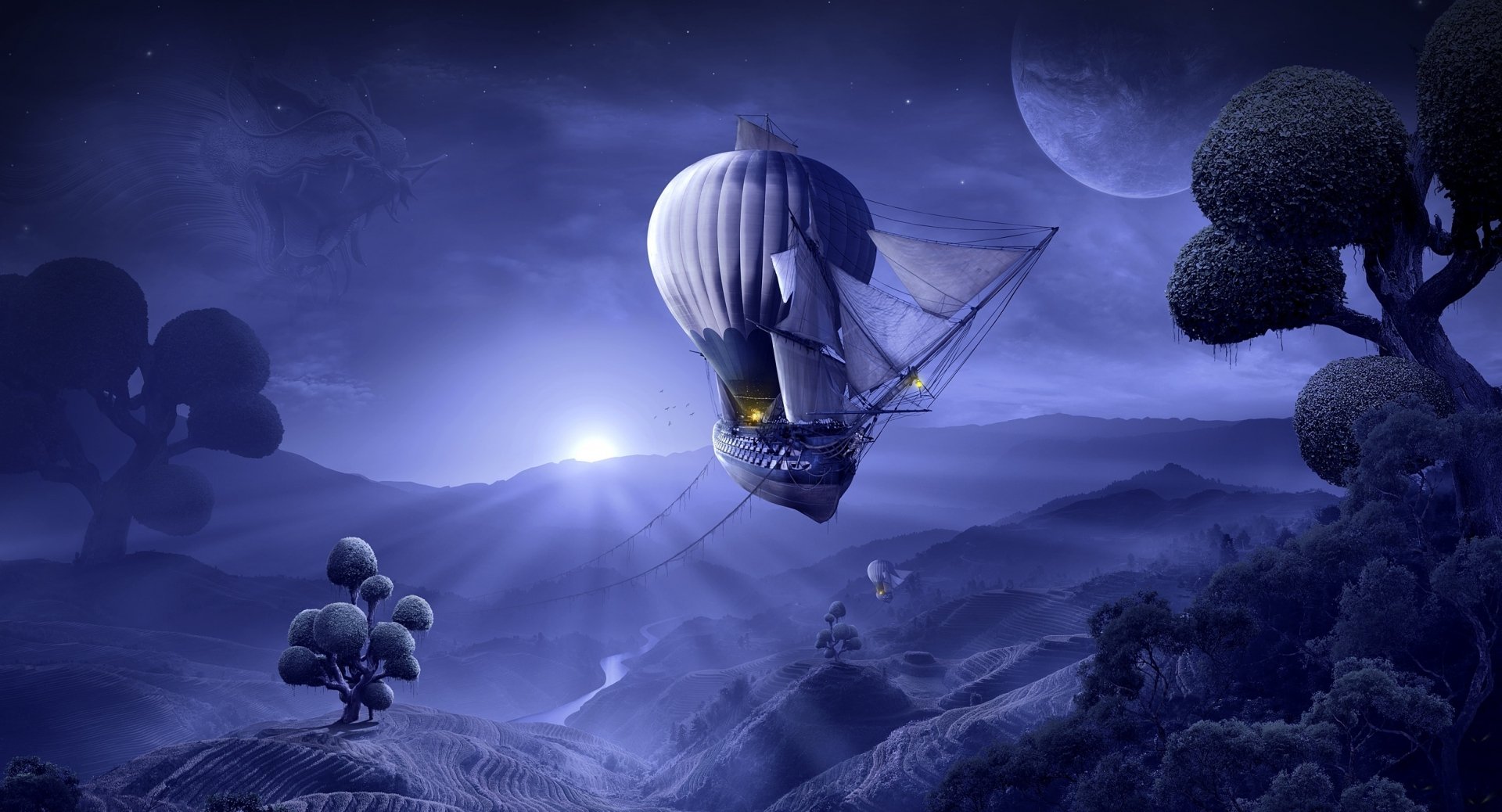 Луна воздушный шар. Фантастический сюрреализм. Фантастические картинки. Фантастические рисунки. Сюрреализм воздушный шар.
